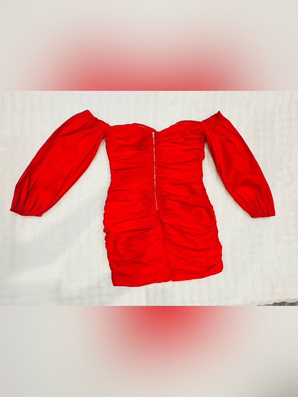 Red Off-Shoulder Ruched Mini Dress - Picture 2 of 5